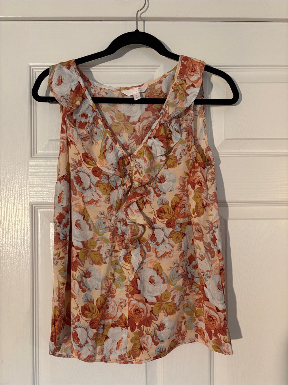 LC Lauren Conrad Floral Ruffle V-Neck Camisole - Rust, Cream & Soft Blue